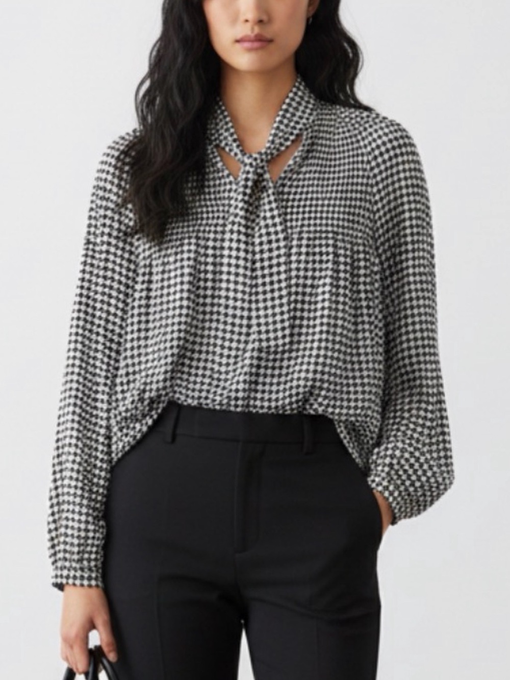 Ralph Lauren Black and White Houndstooth Tie-Neck Blouse